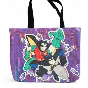 Vintage upcycled handmade Batman and Robin purple  quilted tote bag
